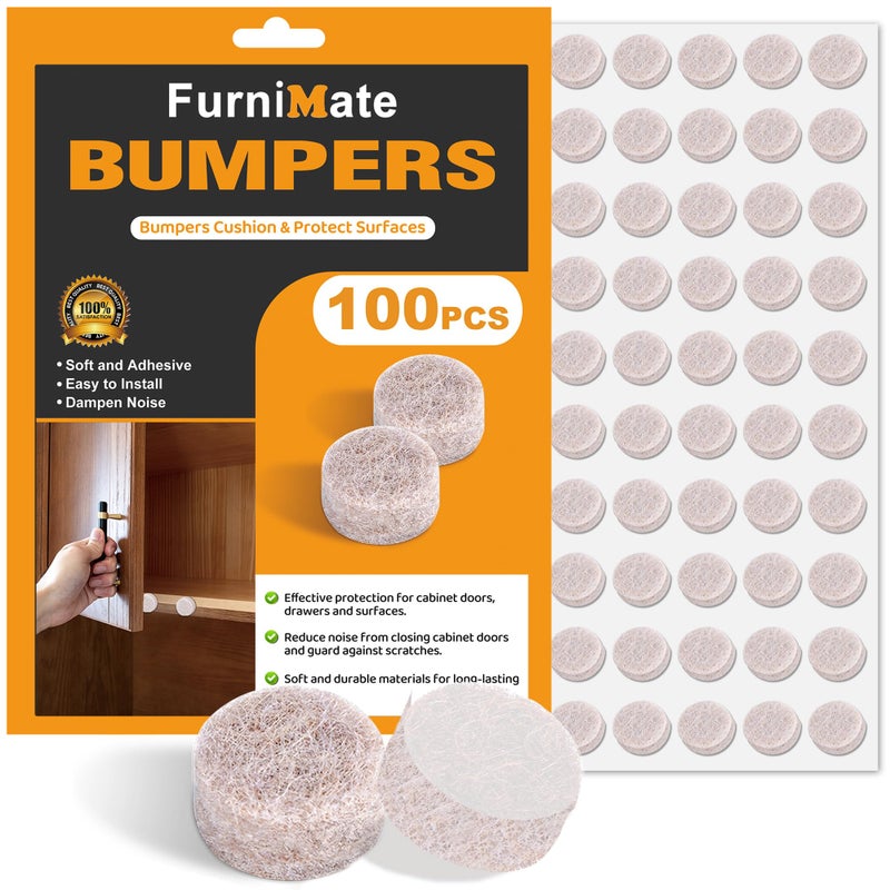 FURNIMATE مخمدات أبواب الخزائن من الفelt - وسادات صغيرة للخزائن، 3/8" قطر 100 قطعة، 5 مم سمك ذاتية اللصق باللون البيج - Image 1